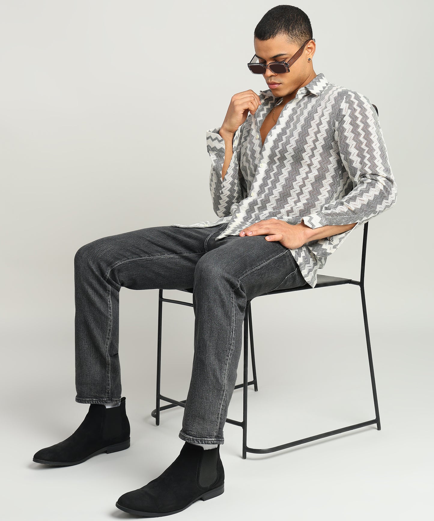 Men Self Design Casual Black Shirt