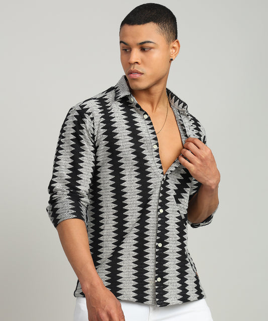 Men Self Design Casual Black Shirt